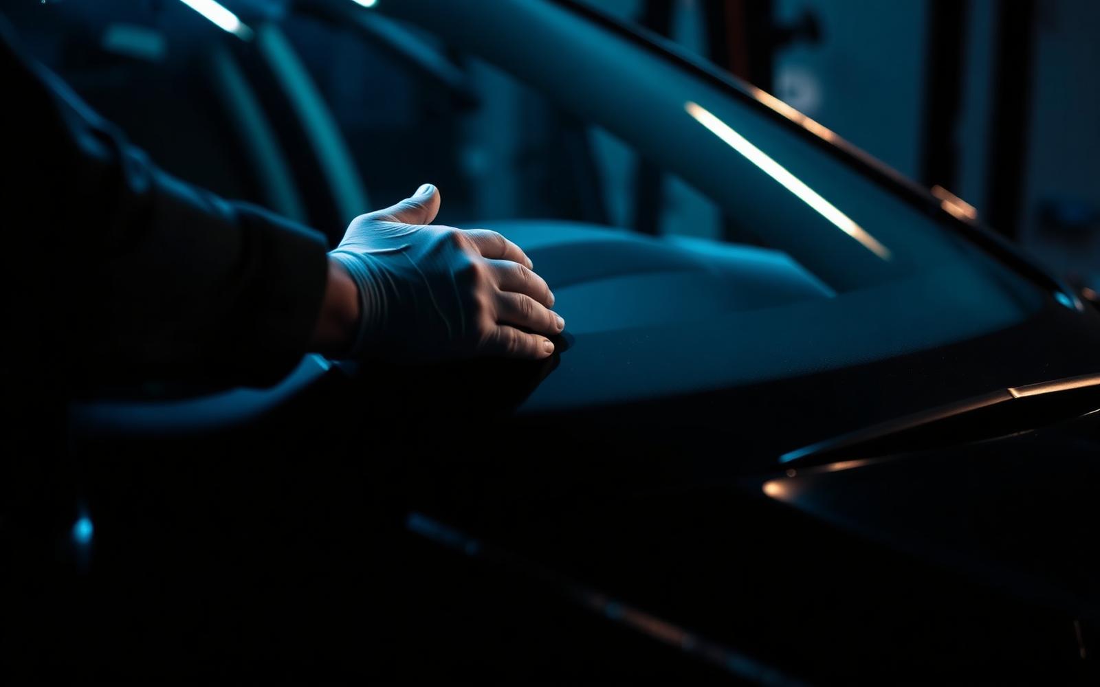 Technician performing windscreen replacement
